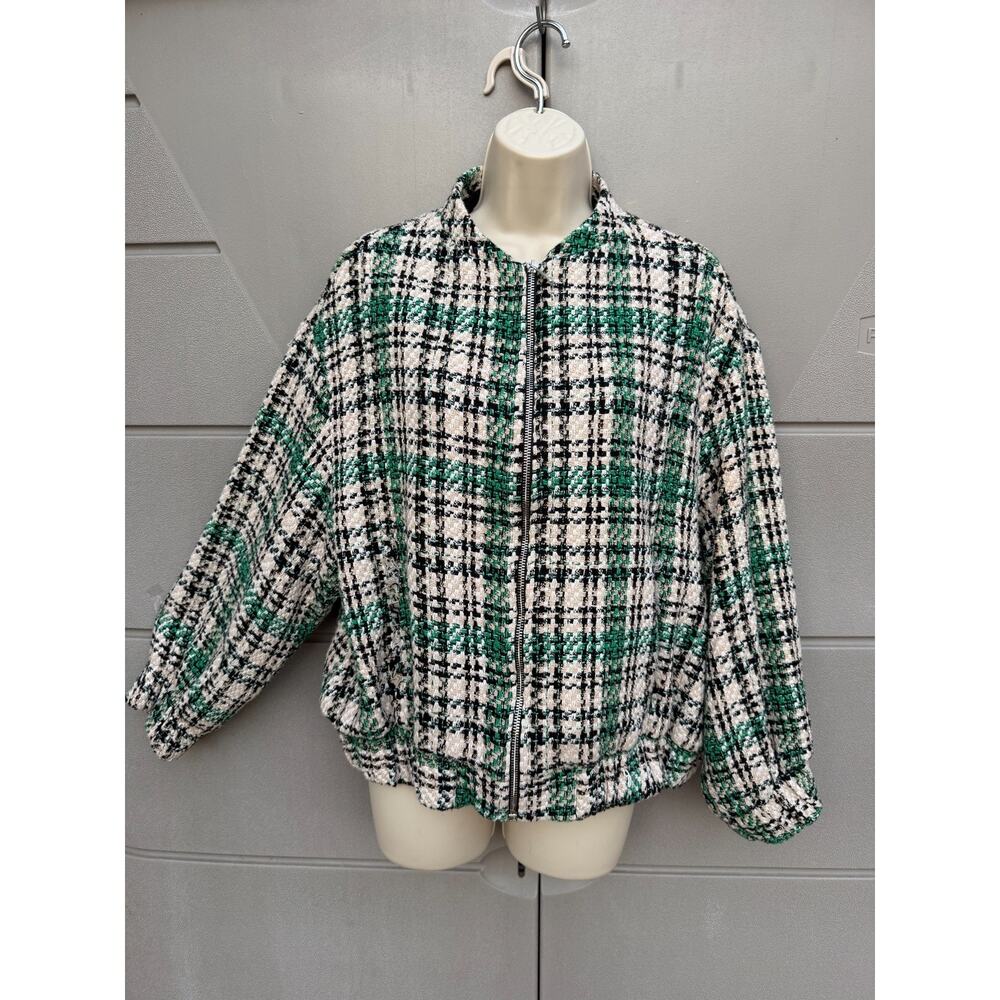 ZARA Women Tweed Plaid Bomber Jacket Zip Front Sz L Old Money Preppy Academia - Picture 3 of 13
